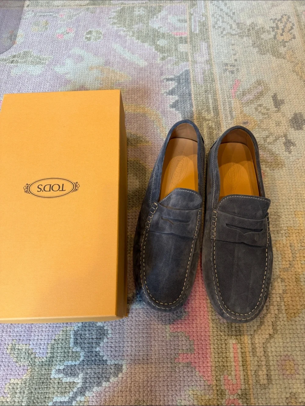 TOD'S Navy Suede Penny Loafers with Contrast Stitching